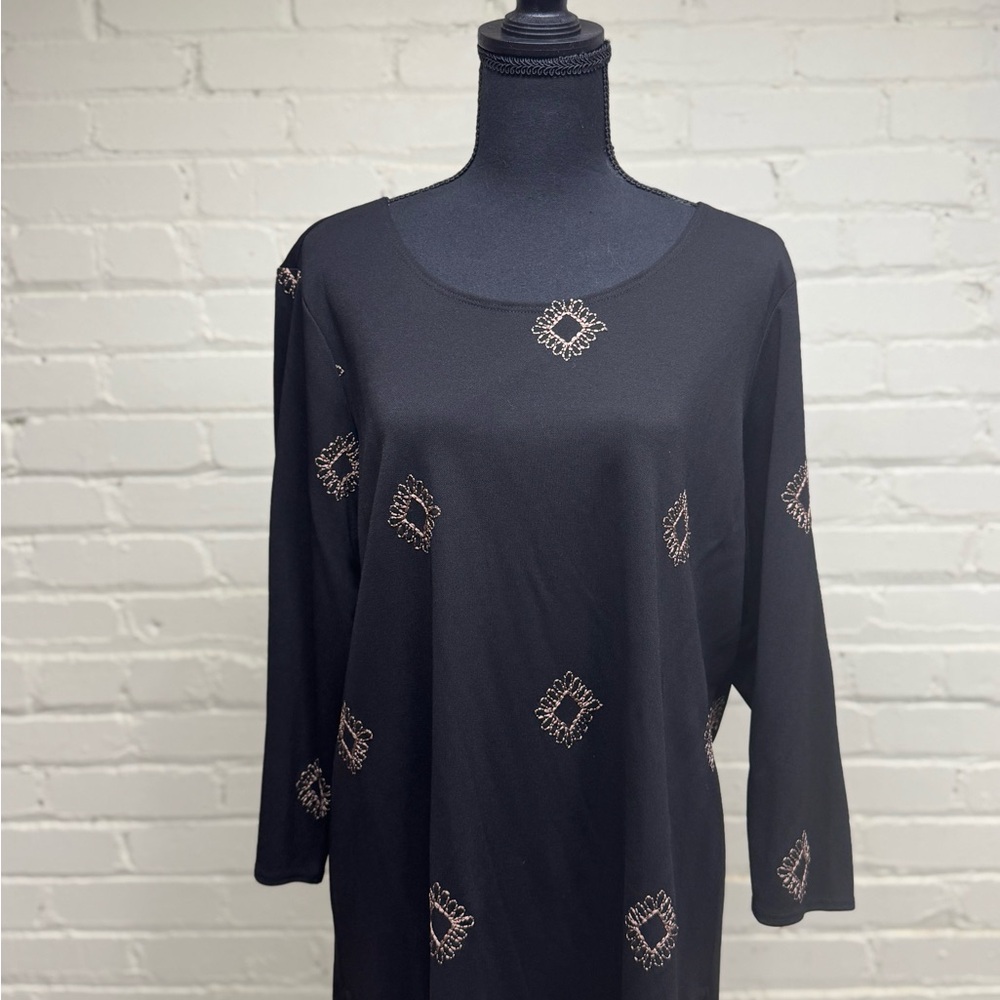 Coldwater Creek Black Tunic Top with Beige Embellishments, Size Large